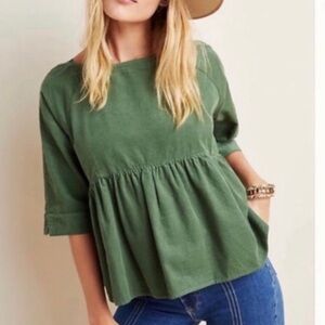 Anthropologie Maeve Hunter Green Corduroy babydoll button top size M